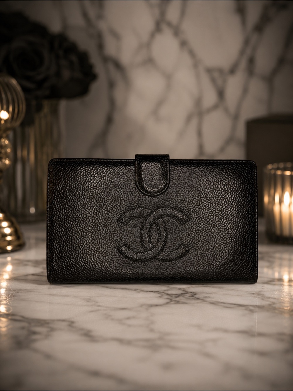 CHANEL Cambon Ligne Black Caviar Leather Long Snap Bifold Wallet | Full Set